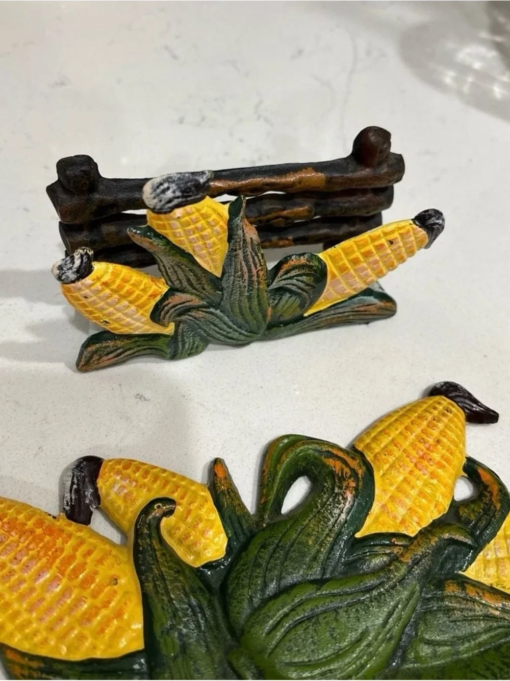 Vintage Cast Iron Corn Wall Hook Rack and Matching Napkin Holder Set